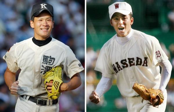 高校野球決勝で延長戦を投げ合った両投手。写真左は試合後…：田中将大 